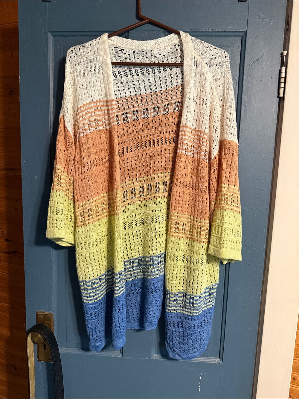 Open-Knit Ombre Cardigan Sweater - White, Peach, Yellow & Blue